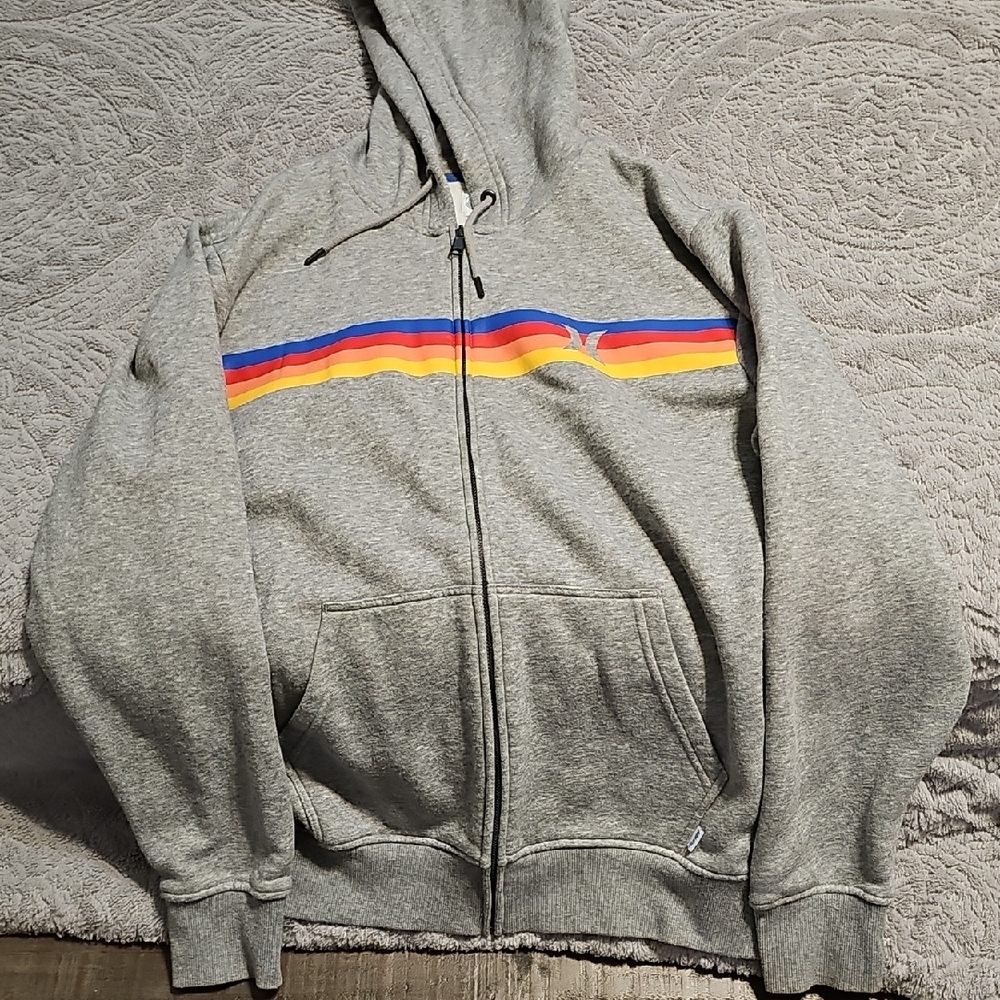 Hurley Gray Zip Up Sweater with Multicolor Stripes